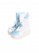 Blue White Color Contrast Simple Cute Expression Round Head Design Bowknot Wings Decoration Classic Lolita Shoes