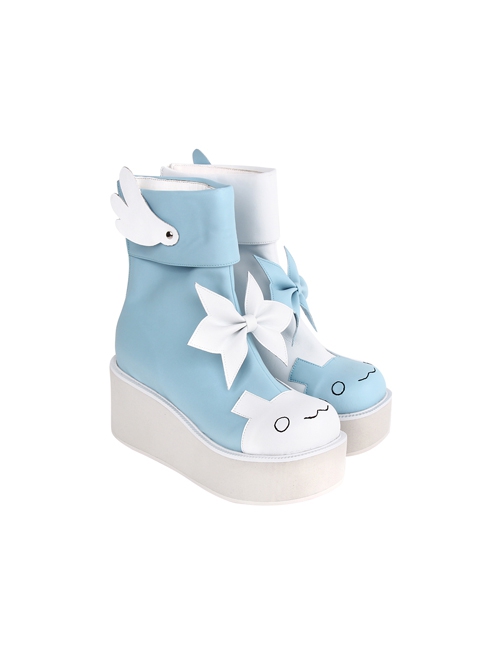 Blue White Color Contrast Simple Cute Expression Round Head Design Bowknot Wings Decoration Classic Lolita Shoes