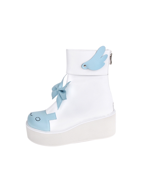 Blue White Color Contrast Simple Cute Expression Round Head Design Bowknot Wings Decoration Classic Lolita Shoes