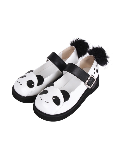 Cute Black White Panda Design Plush Decoration Simple Daily Sweet Lolita Shoes