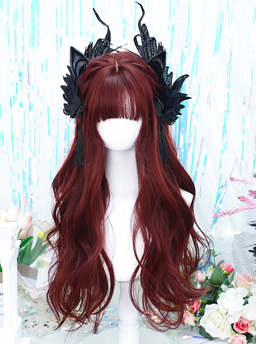 Deep Wine Red Natural Qi Bangs Irregular Long Curly Hair Gothic Lolita Wig