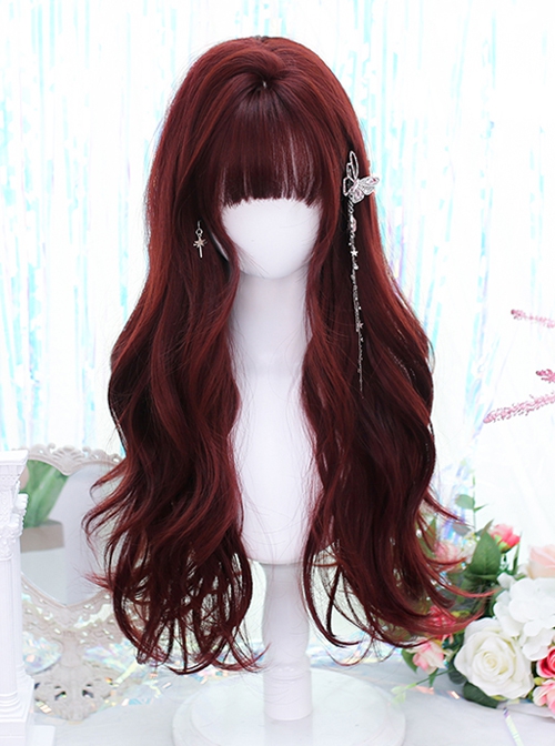Deep Wine Red Natural Qi Bangs Irregular Long Curly Hair Gothic Lolita Wig