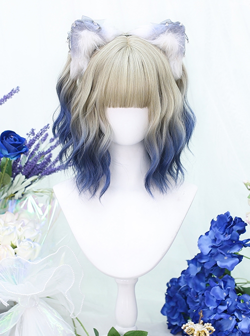 Fashion Golden Gradient Blue Wool Curly Qi Bangs Short Curly Hair Classic Lolita Wig