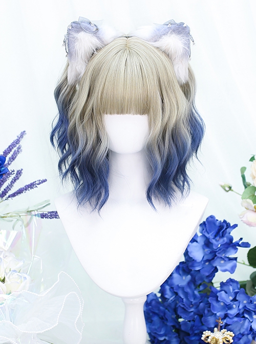 Fashion Golden Gradient Blue Wool Curly Qi Bangs Short Curly Hair Classic Lolita Wig