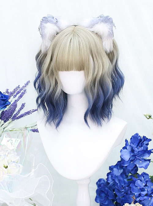 Fashion Golden Gradient Blue Wool Curly Qi Bangs Short Curly Hair Classic Lolita Wig