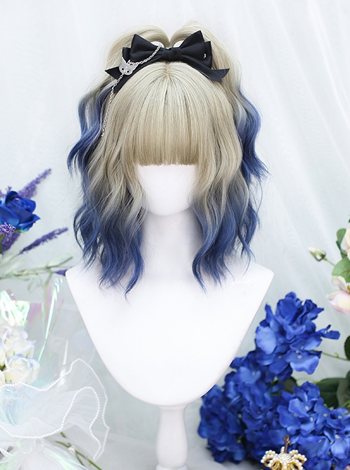 Fashion Golden Gradient Blue Wool Curly Qi Bangs Short Curly Hair Classic Lolita Wig