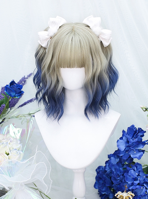 Fashion Golden Gradient Blue Wool Curly Qi Bangs Short Curly Hair Classic Lolita Wig