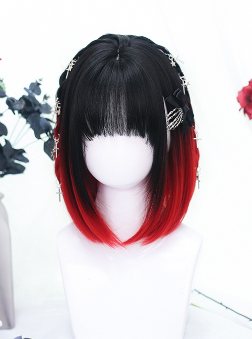 Natural Fashion Black Gradient Red Punk Style Air Bangs Short Straight Hair Punk Lolita Wig