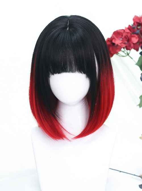 Natural Fashion Black Gradient Red Punk Style Air Bangs Short Straight Hair Punk Lolita Wig