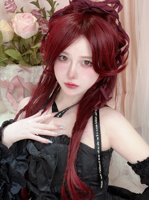 Dragon And Rose Series Red Gothic Style  Irregular Long Curly Hair Middle Score Bangs Gothic Lolita Wig