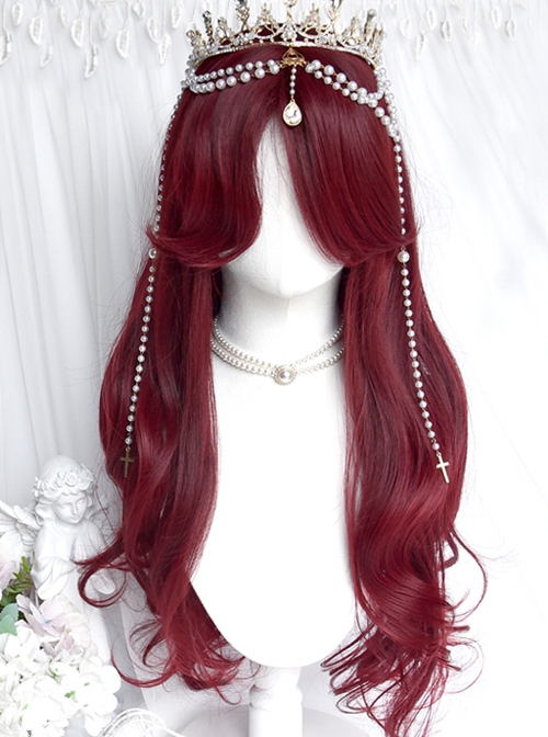 Dragon And Rose Series Red Gothic Style  Irregular Long Curly Hair Middle Score Bangs Gothic Lolita Wig