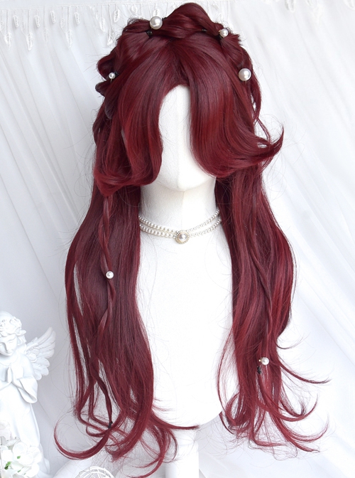 Dragon And Rose Series Red Gothic Style  Irregular Long Curly Hair Middle Score Bangs Gothic Lolita Wig