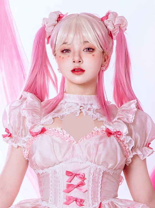 Ice Strawberry Series Golden Pink Gradient Air Bangs Girl Cute Sweet Lolita Long Straight Hair Wig