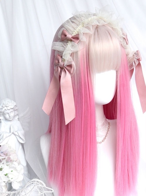 Ice Strawberry Series Golden Pink Gradient Air Bangs Girl Cute Sweet Lolita Long Straight Hair Wig