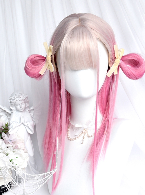 Ice Strawberry Series Golden Pink Gradient Air Bangs Girl Cute Sweet Lolita Long Straight Hair Wig