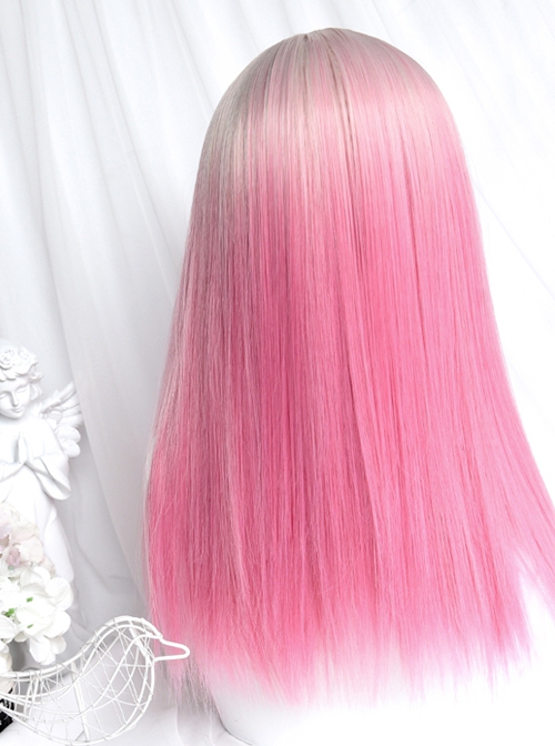 Ice Strawberry Series Golden Pink Gradient Air Bangs Girl Cute Sweet Lolita Long Straight Hair Wig