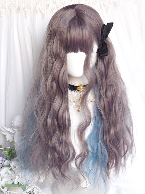 Purple Gray Brown Mixed Color Blue Gradient Qi Bangs Water Ripple Elegant Long Curly Hair Girl Classic Lolita Wig