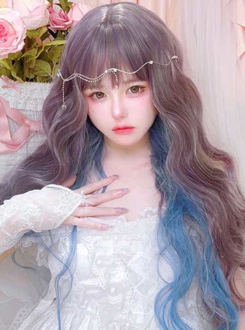 Purple Gray Brown Mixed Color Blue Gradient Qi Bangs Water Ripple Elegant Long Curly Hair Girl Classic Lolita Wig