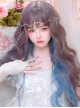 Purple Gray Brown Mixed Color Blue Gradient Qi Bangs Water Ripple Elegant Long Curly Hair Girl Classic Lolita Wig