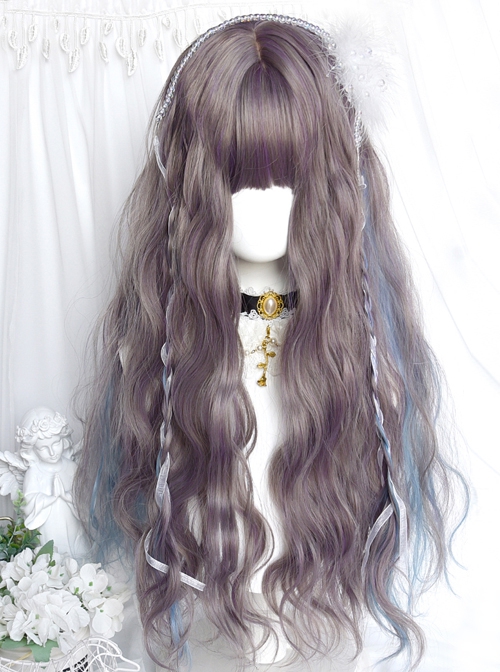 Purple Gray Brown Mixed Color Blue Gradient Qi Bangs Water Ripple Elegant Long Curly Hair Girl Classic Lolita Wig