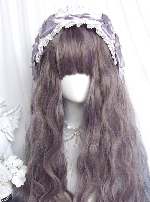 Purple Gray Brown Mixed Color Blue Gradient Qi Bangs Water Ripple Elegant Long Curly Hair Girl Classic Lolita Wig