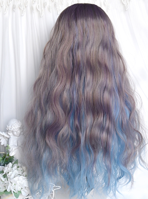 Purple Gray Brown Mixed Color Blue Gradient Qi Bangs Water Ripple Elegant Long Curly Hair Girl Classic Lolita Wig