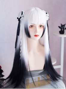 Gothic Style Black White Gradient Qi Bangs Natural Long Straight Hair Classic Lolita Wig