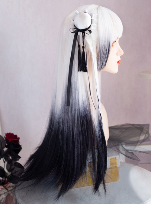 Gothic Style Black White Gradient Qi Bangs Natural Long Straight Hair Classic Lolita Wig