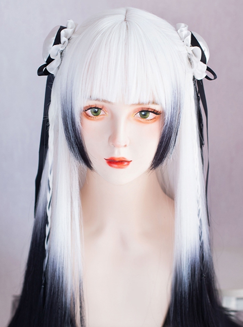Gothic Style Black White Gradient Qi Bangs Natural Long Straight Hair Classic Lolita Wig