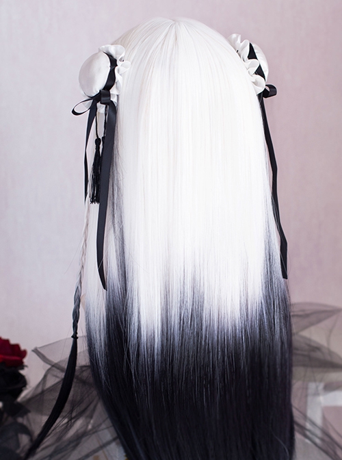 Gothic Style Black White Gradient Qi Bangs Natural Long Straight Hair Classic Lolita Wig