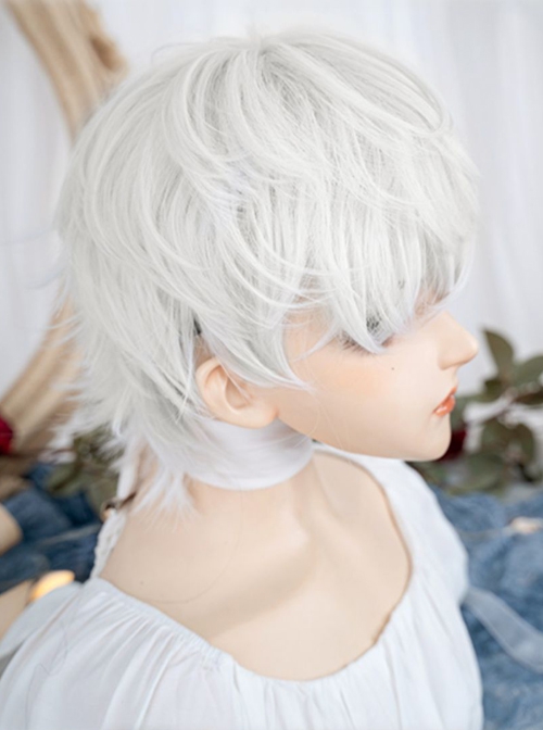 White COS Anime Natural Neutral Broken Bangs Short Straight Hair Classic Lolita Wig