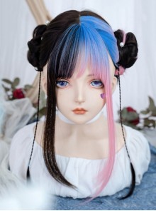 Sweet Cool Blue Pink Gradient Mixed Color Qi Bangs Long Straight Hair Punk Lolita Wig