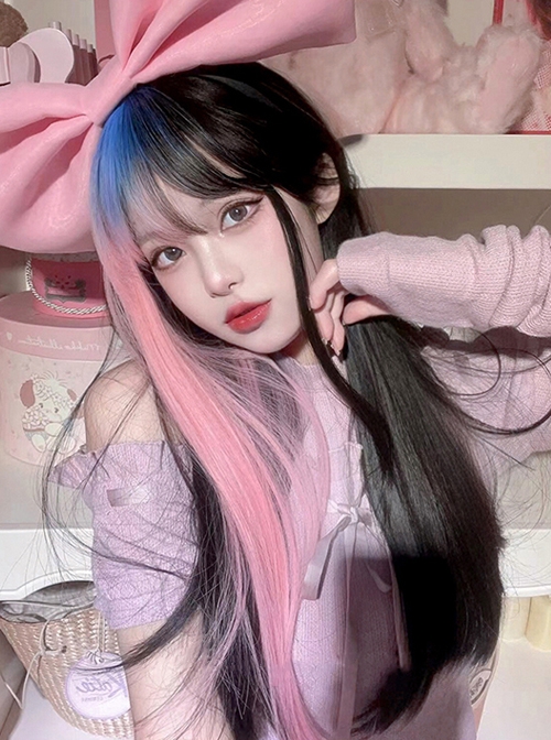 Sweet Cool Blue Pink Gradient Mixed Color Qi Bangs Long Straight Hair Punk Lolita Wig