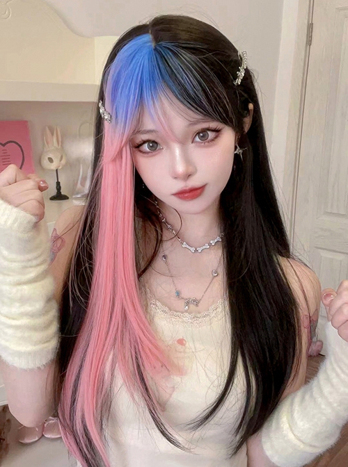 Sweet Cool Blue Pink Gradient Mixed Color Qi Bangs Long Straight Hair Punk Lolita Wig