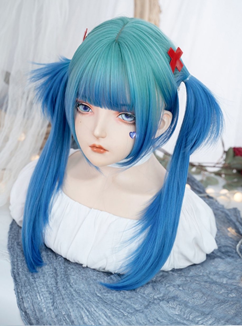 Internet Celebrity Fashion Blue Green Gradient Qi Bangs Long Straight Hair Punk Lolita Wig