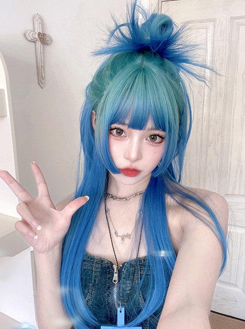 Internet Celebrity Fashion Blue Green Gradient Qi Bangs Long Straight Hair Punk Lolita Wig