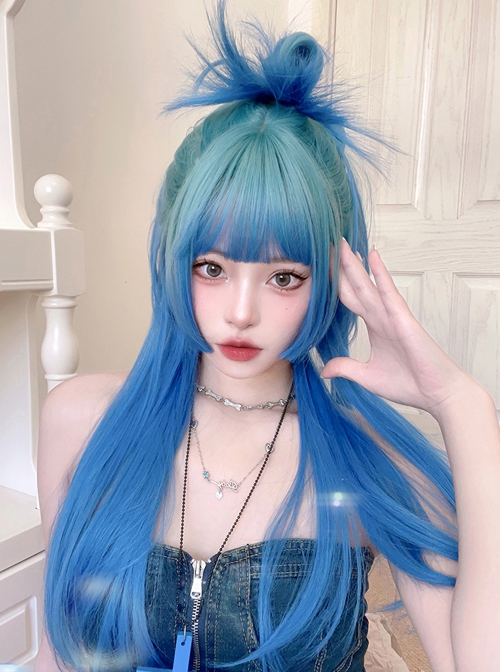 Internet Celebrity Fashion Blue Green Gradient Qi Bangs Long Straight Hair Punk Lolita Wig