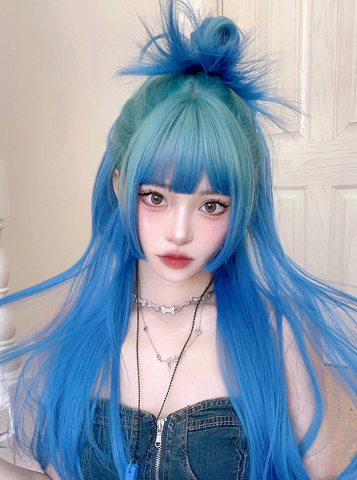 Internet Celebrity Fashion Blue Green Gradient Qi Bangs Long Straight Hair Punk Lolita Wig