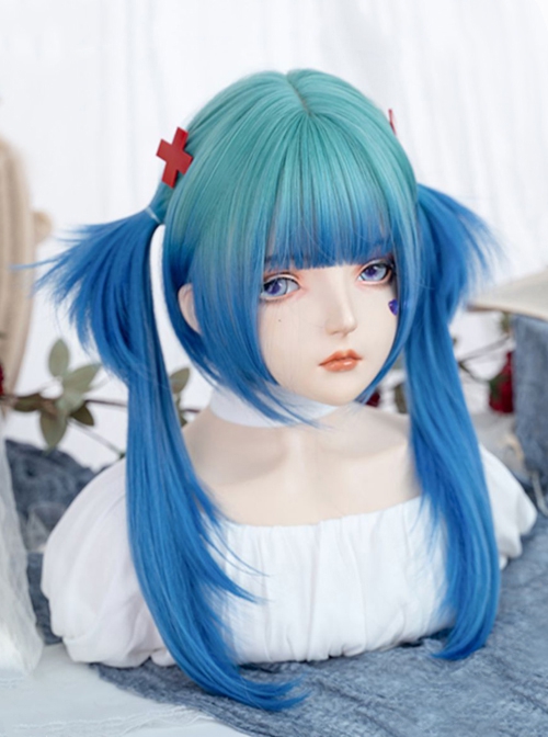 Internet Celebrity Fashion Blue Green Gradient Qi Bangs Long Straight Hair Punk Lolita Wig