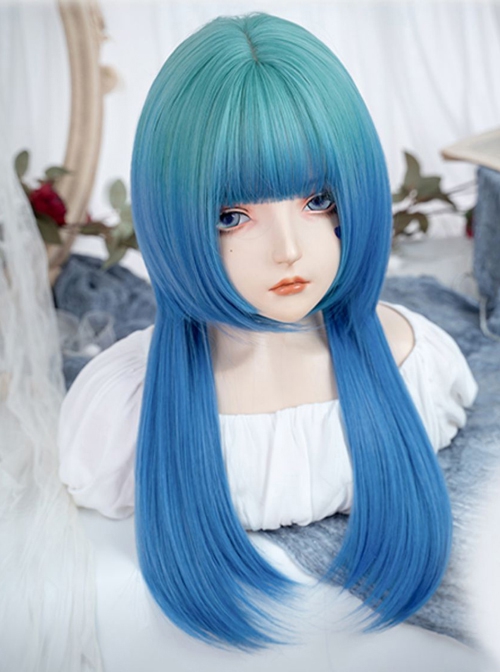 Internet Celebrity Fashion Blue Green Gradient Qi Bangs Long Straight Hair Punk Lolita Wig