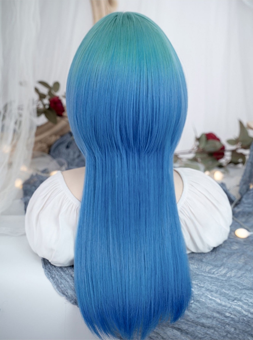Internet Celebrity Fashion Blue Green Gradient Qi Bangs Long Straight Hair Punk Lolita Wig