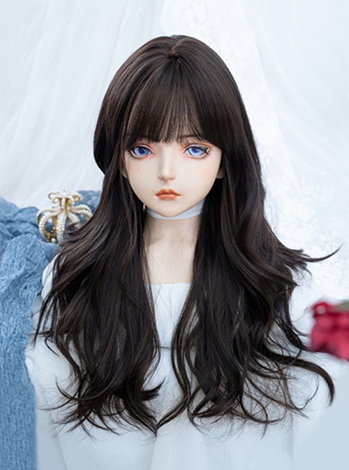 Black Daily Air Bangs Irregular Water Ripple Long Curly Hair Classic Lolita Wig