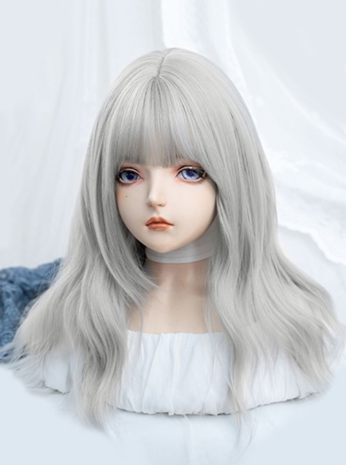 Cute Qi Bangs Silver Gray Irregular Big Wavy Long Curly Hair Sweet Lolita Wig