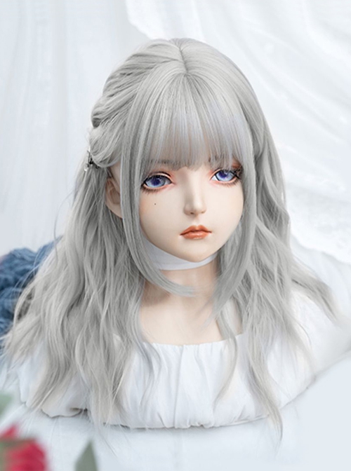 Cute Qi Bangs Silver Gray Irregular Big Wavy Long Curly Hair Sweet Lolita Wig