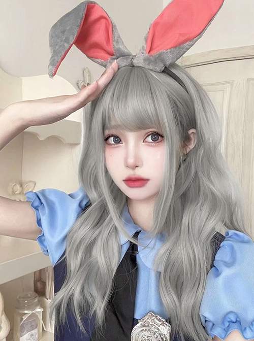 Cute Qi Bangs Silver Gray Irregular Big Wavy Long Curly Hair Sweet Lolita Wig