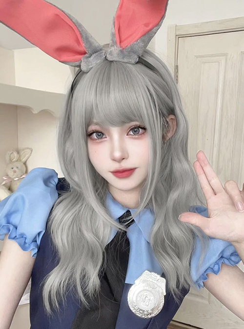 Cute Qi Bangs Silver Gray Irregular Big Wavy Long Curly Hair Sweet Lolita Wig