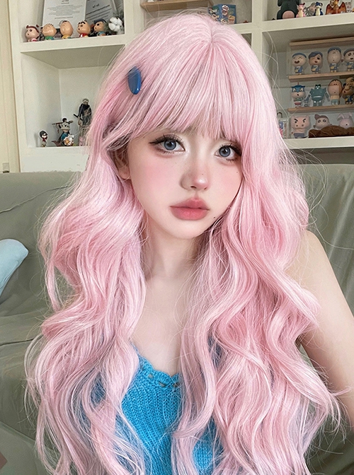 Pink Cute Air Bangs Water Ripple Long Curly Hair Sweet Lolita Wig