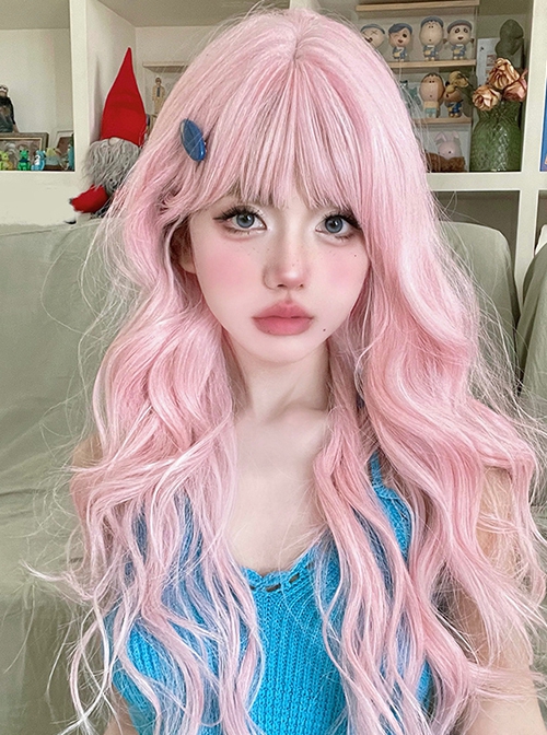 Pink Cute Air Bangs Water Ripple Long Curly Hair Sweet Lolita Wig