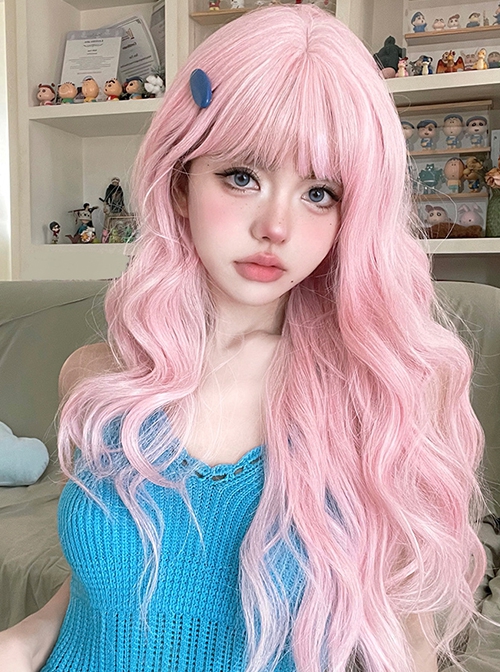 Pink Cute Air Bangs Water Ripple Long Curly Hair Sweet Lolita Wig