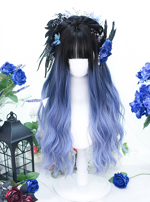 Black Blue Gradient Fashion Qi Bangs Big Wavy Long Curly Hair Classic Lolita Wig